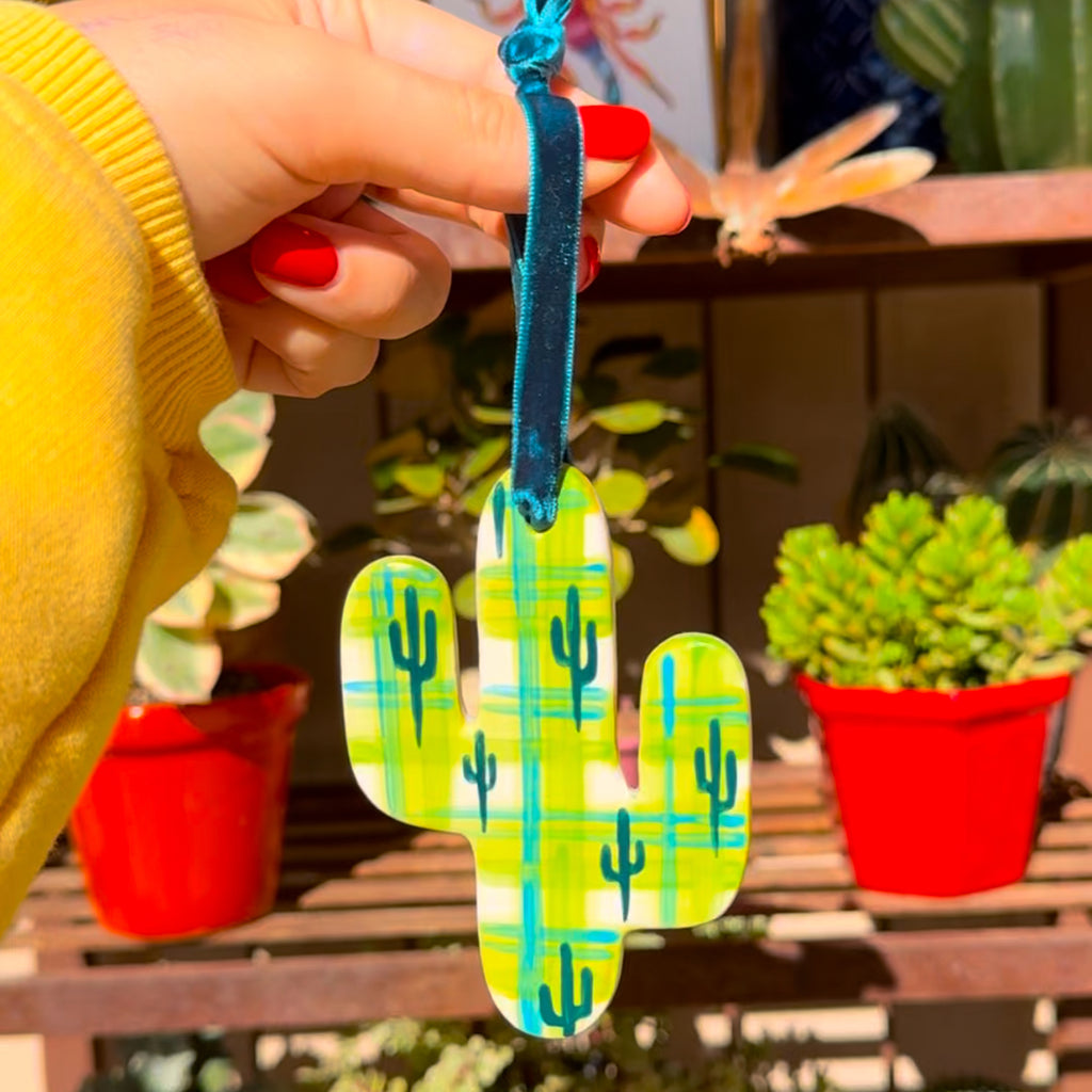 "Plaid and Prickly" Handpainted Ceramic Ornament