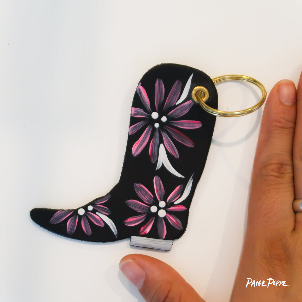 "Pink Petals" Handpainted Leather Cowgirl Boot Keychain