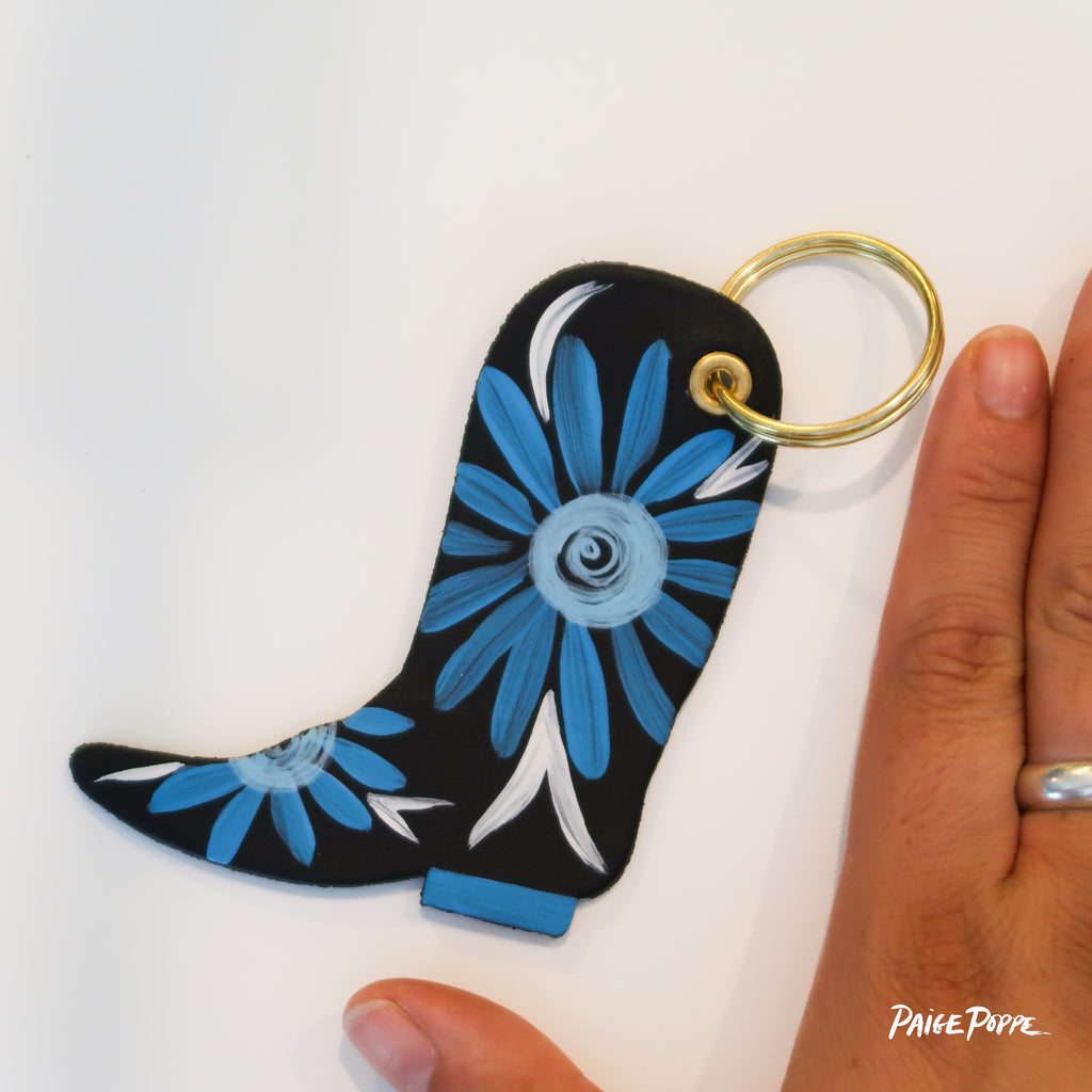 "Blue Suede Shoes" Handpainted Leather Cowgirl Boot Keychain