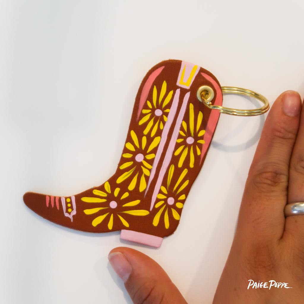 "Daisy Dancer" Handpainted Leather Cowgirl Boot Keychain