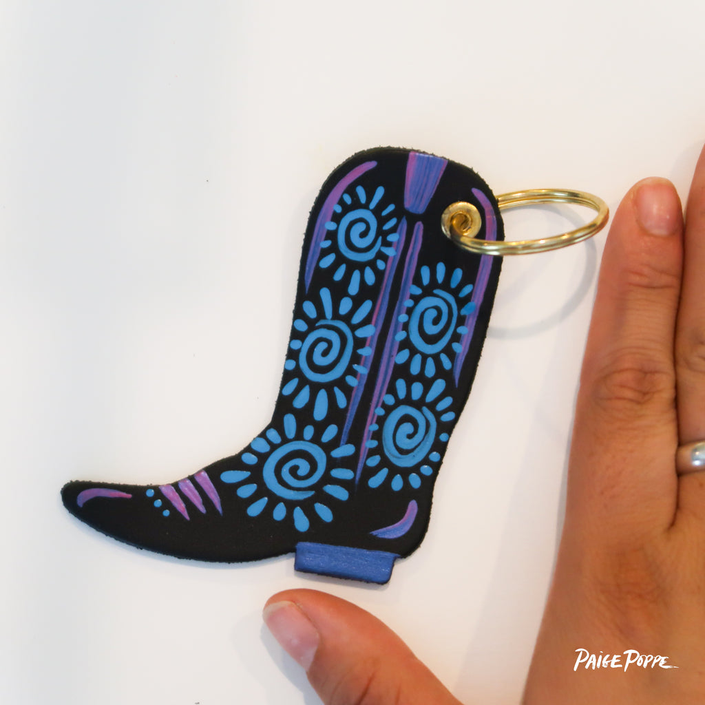 "Swirls of Sunshine" Handpainted Leather Cowgirl Boot Keychain