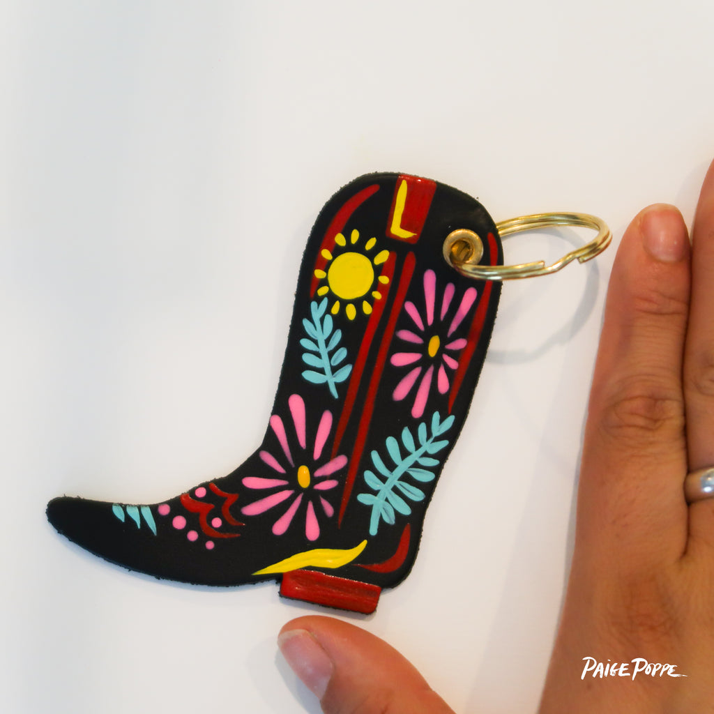 "Sun Charmed" Handpainted Leather Cowgirl Boot Keychain