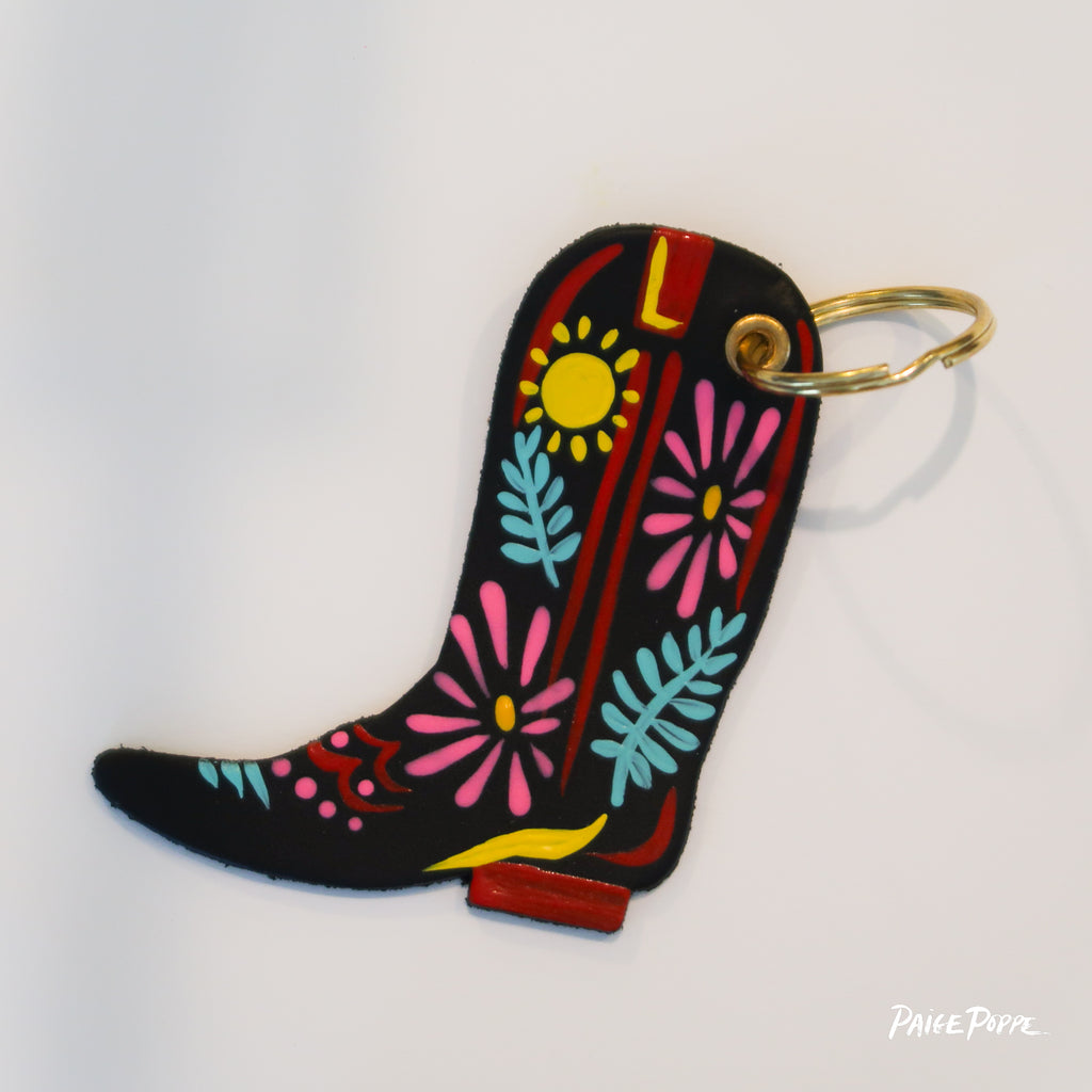 "Sun Charmed" Handpainted Leather Cowgirl Boot Keychain