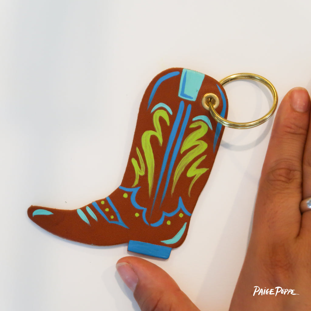 "Line Dancer" Handpainted Leather Cowgirl Boot Keychain