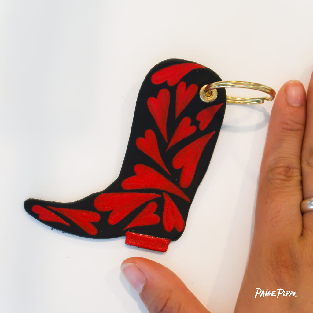 "Queen of Hearts" Handpainted Leather Cowgirl Boot Keychain