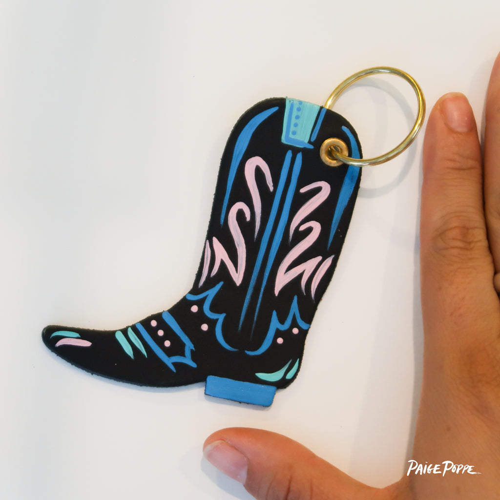 "Neon Nights" Handpainted Leather Cowgirl Boot Keychain