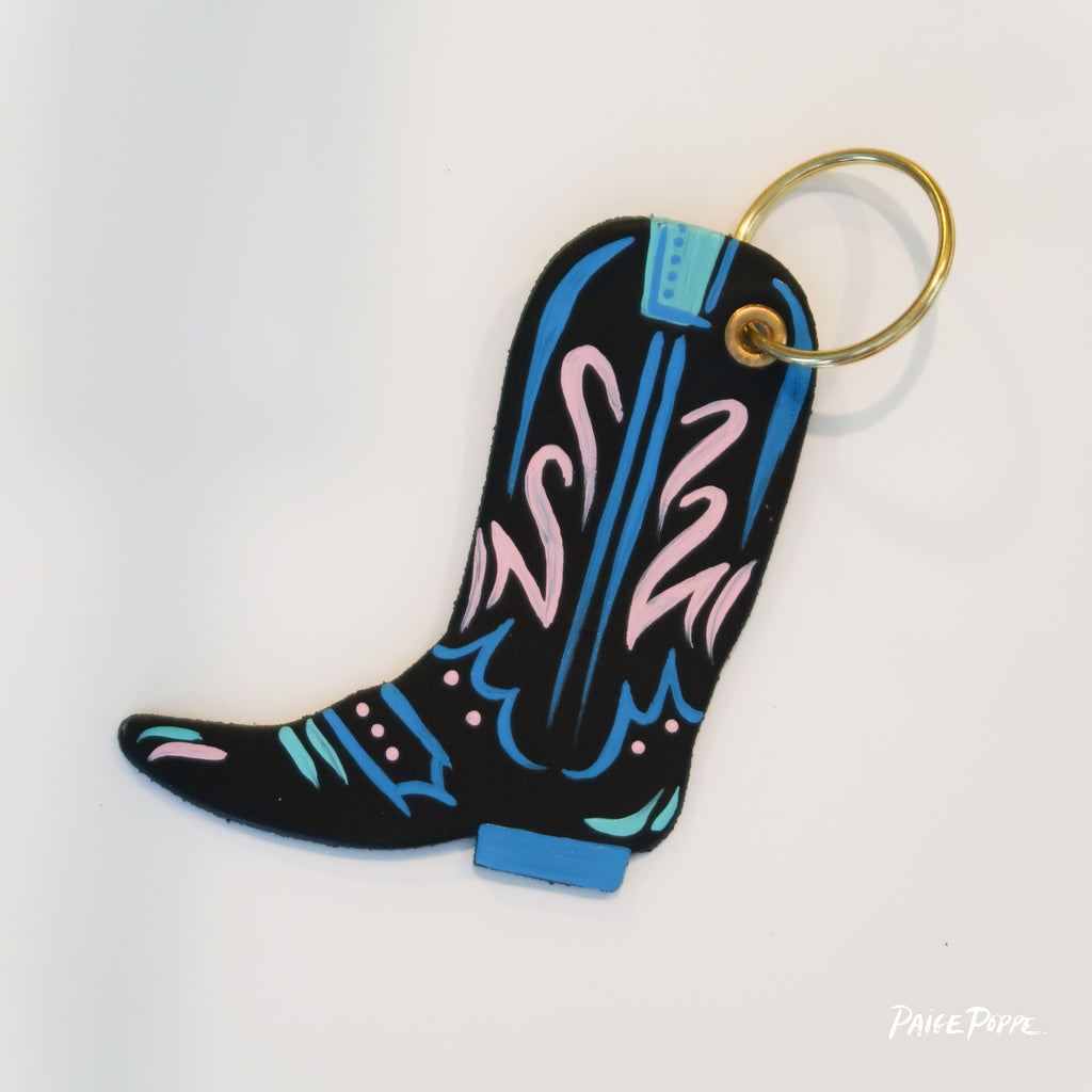 "Neon Nights" Handpainted Leather Cowgirl Boot Keychain