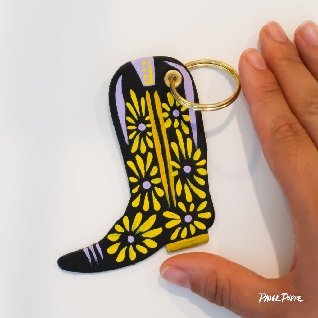 "Daisy Dreamer" Handpainted Leather Cowgirl Boot Keychain