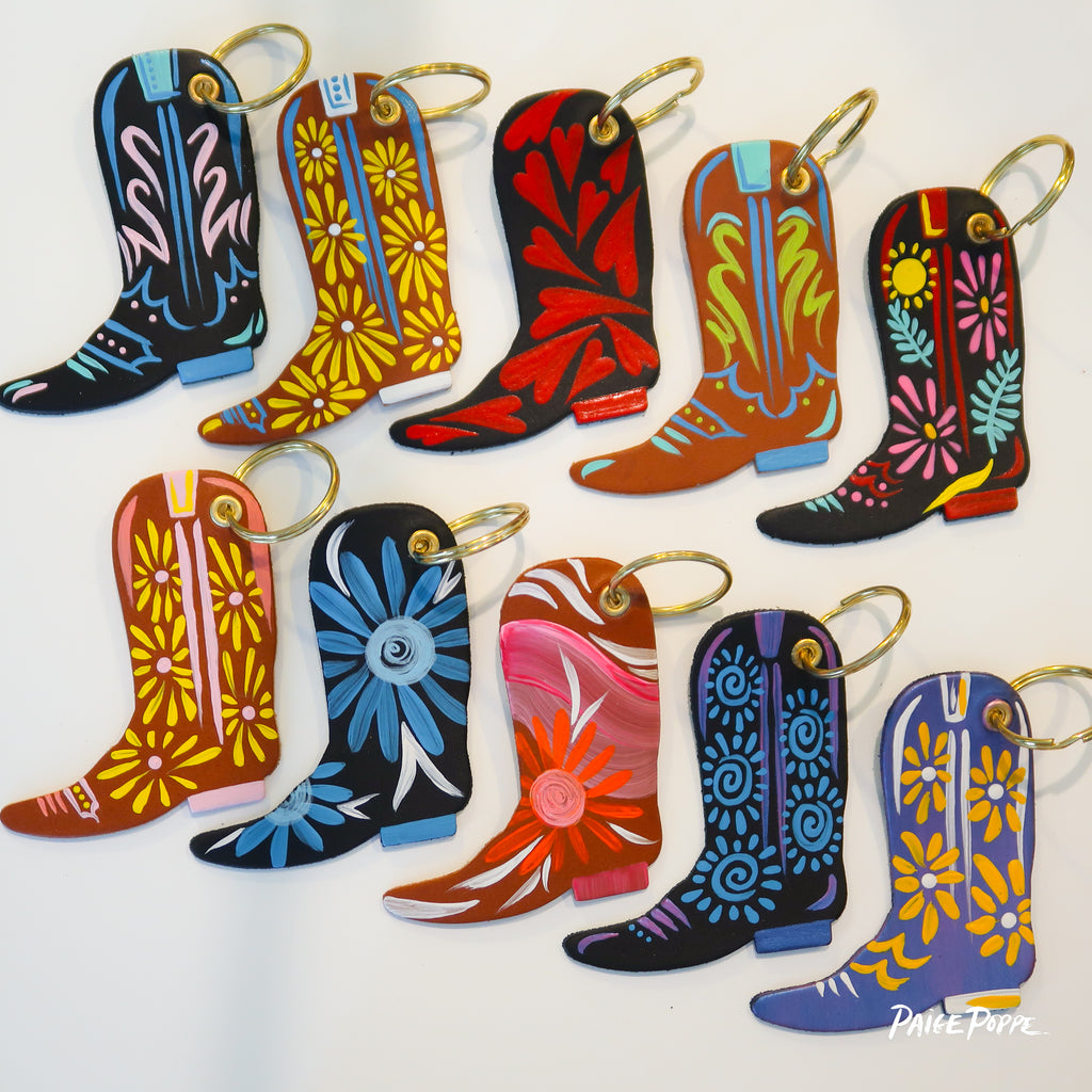 "Daisy Dreamer" Handpainted Leather Cowgirl Boot Keychain