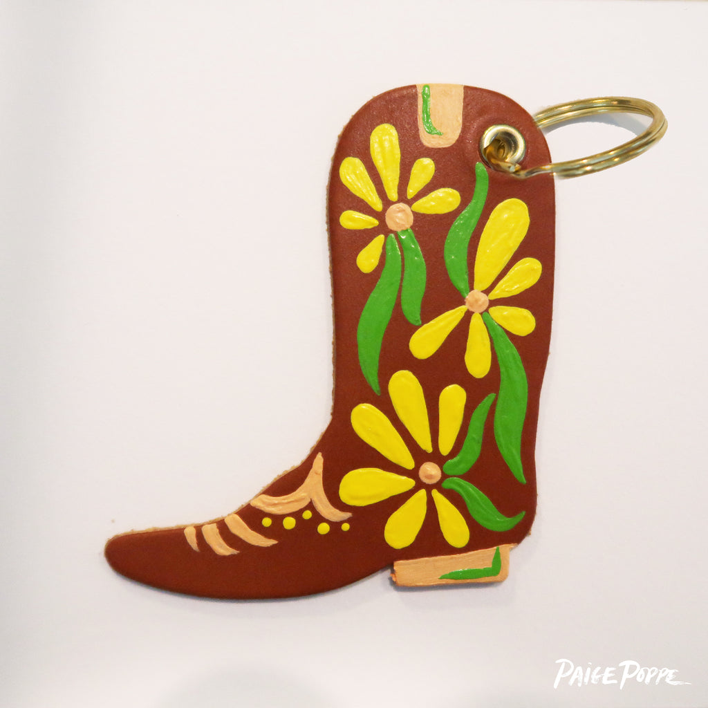 "Petal Pusher" Handpainted Leather Cowgirl Boot Keychain