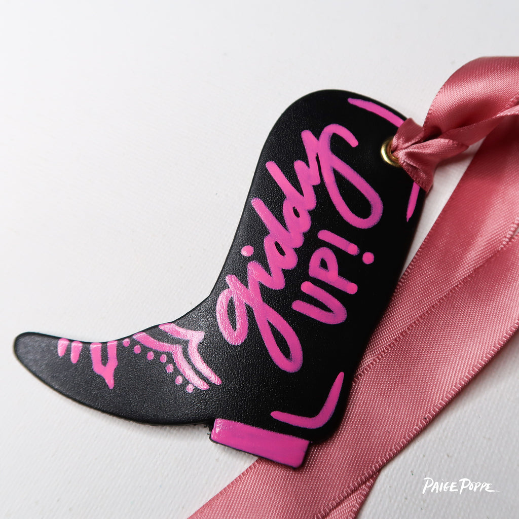 "Giddy Up!" Handpainted Leather Cowgirl Boot Keychain & Ornament