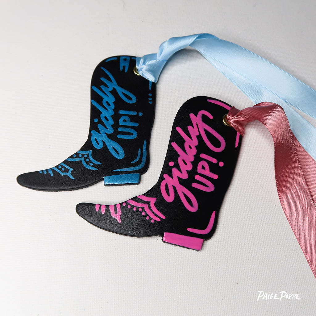 "Giddy Up!" Handpainted Leather Cowgirl Boot Keychain & Ornament
