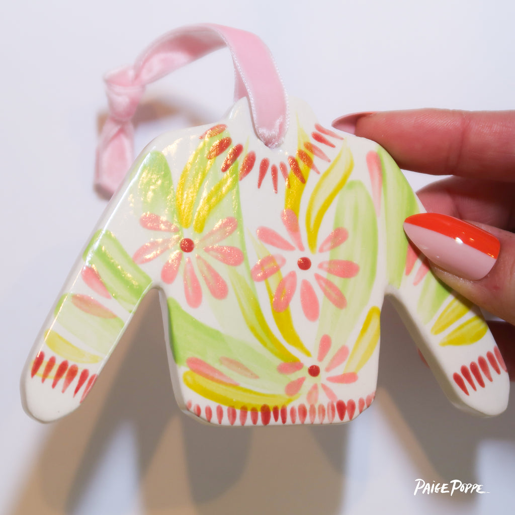 "Petal Pullover" Handpainted Ceramic Ornament