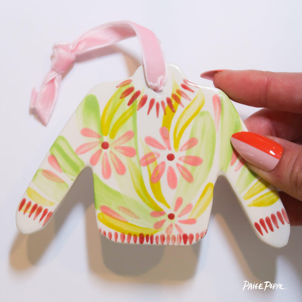 "Petal Pullover" Handpainted Ceramic Ornament