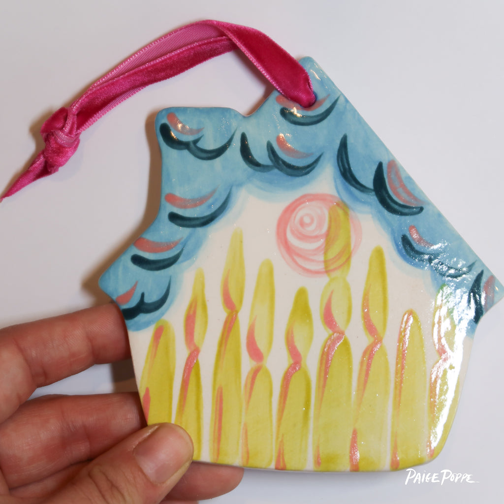 "Cabin in the Clouds" Handpainted Ceramic Ornament