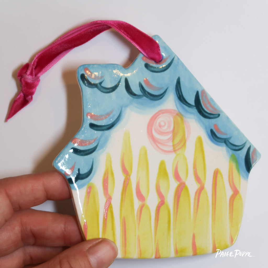 "Cabin in the Clouds" Handpainted Ceramic Ornament