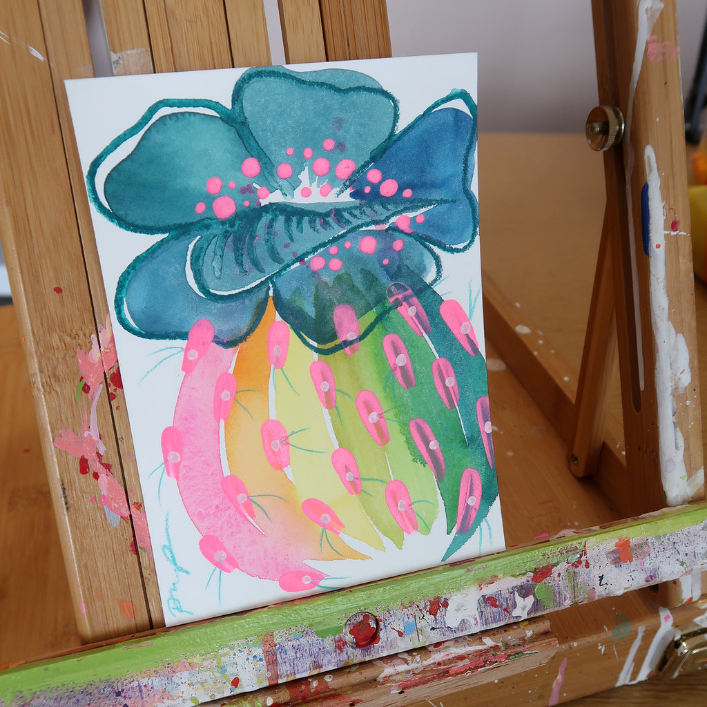 "Aqua Petaled Prickly" Framed Original Watercolor on Paper