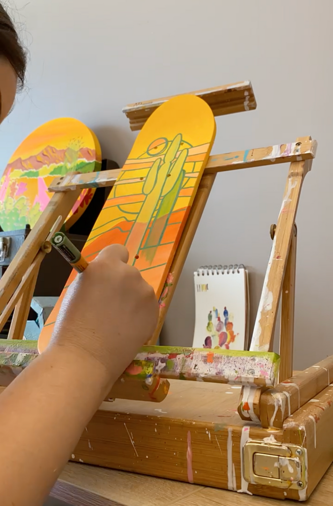 "Stained Glass Saguaros" Original Mini Skateboard Painting
