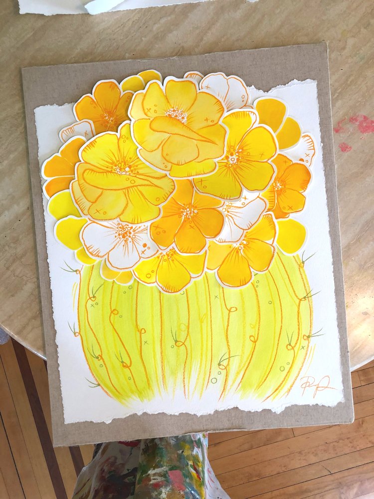 "Golden Blooming Barrel” Original Collage Painting