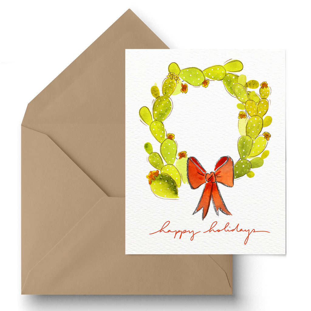 "Cacti Wreath With Text" Holiday Card