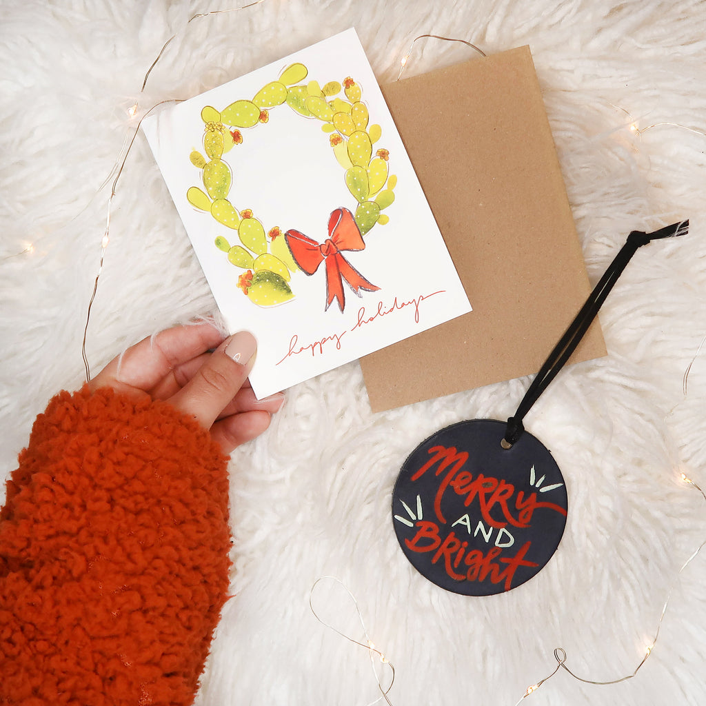 "Cacti Wreath With Text" Holiday Card
