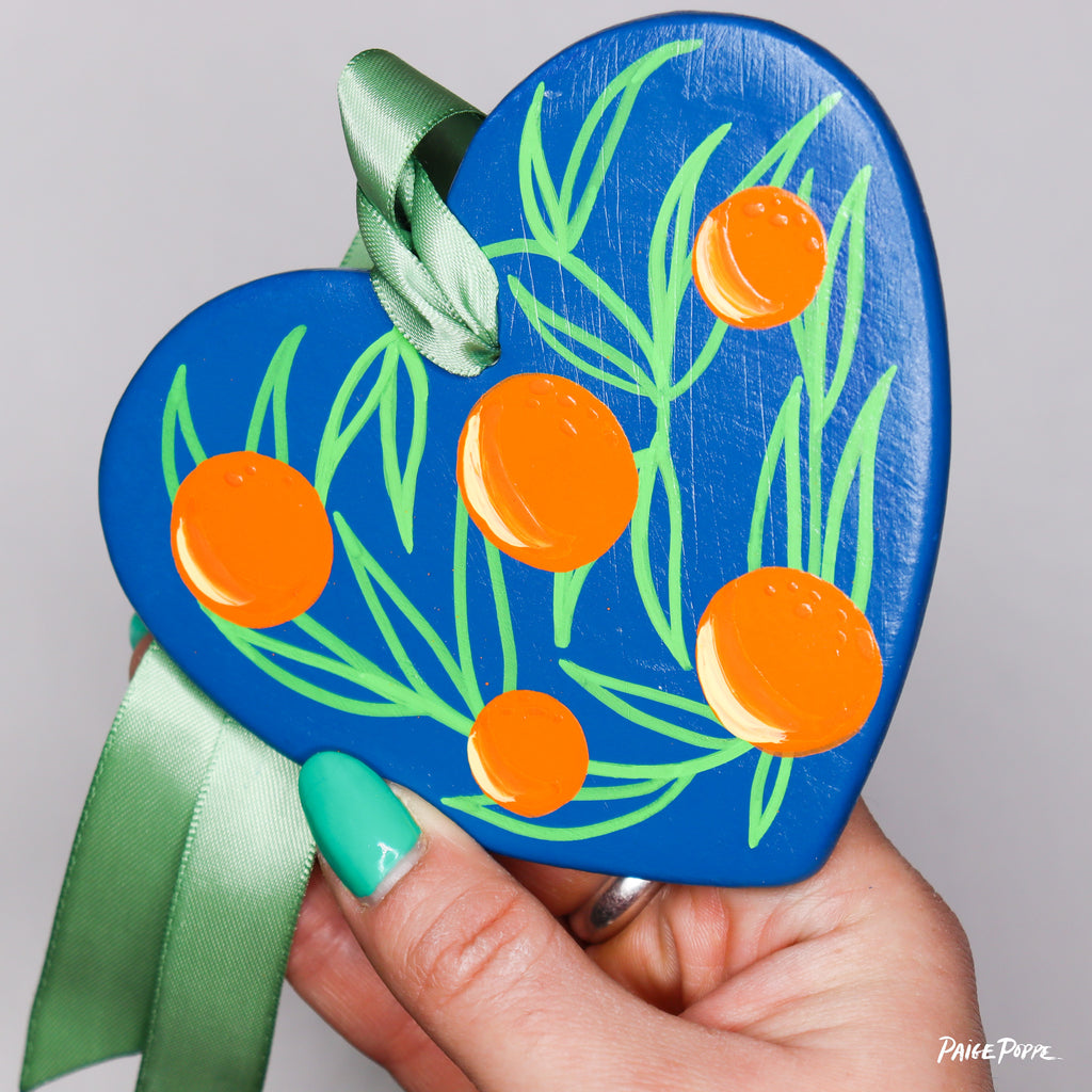“Cerulean Citrus” Handpainted Ceramic Heart Ornament
