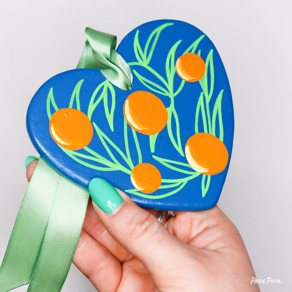 “Cerulean Citrus” Handpainted Ceramic Heart Ornament
