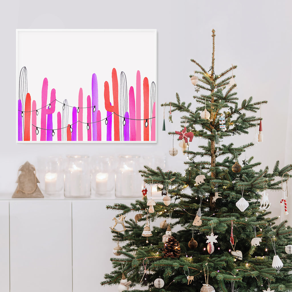 "Pink Saguaro Lights" Landscape Holiday Art Print