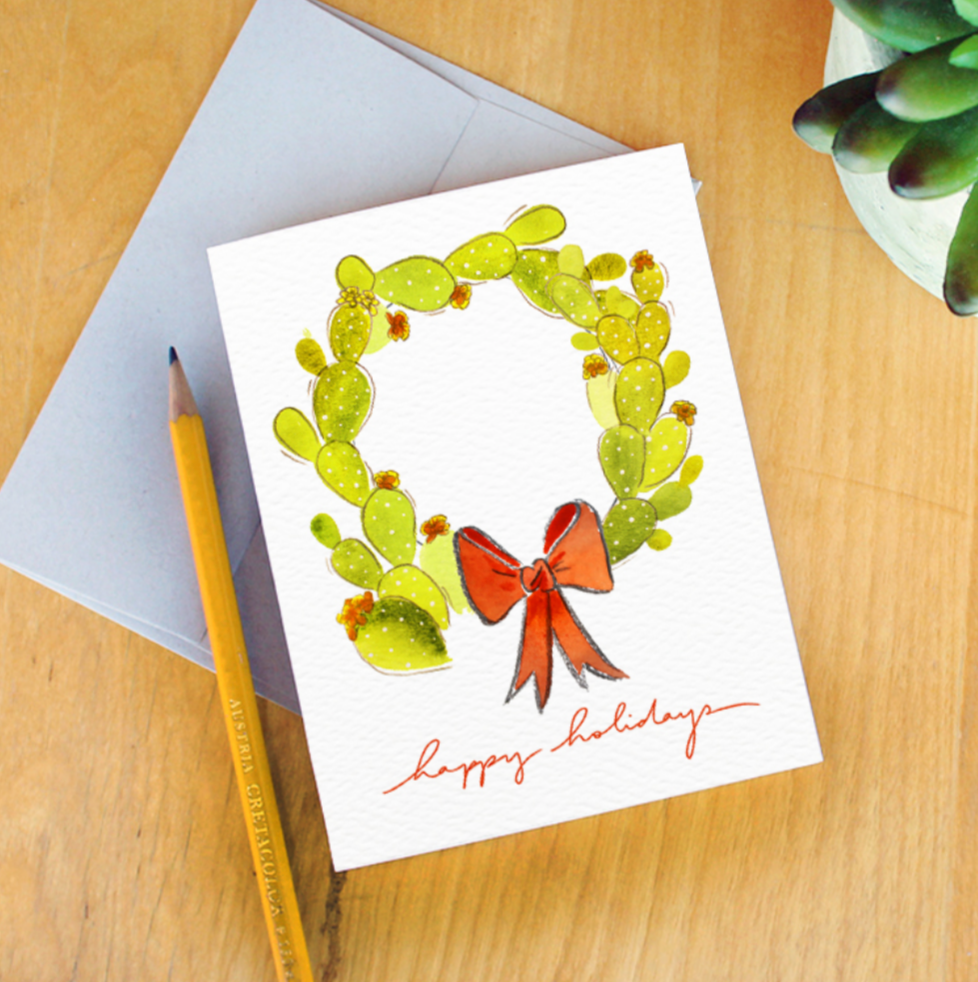 "Cacti Wreath With Text" Holiday Card