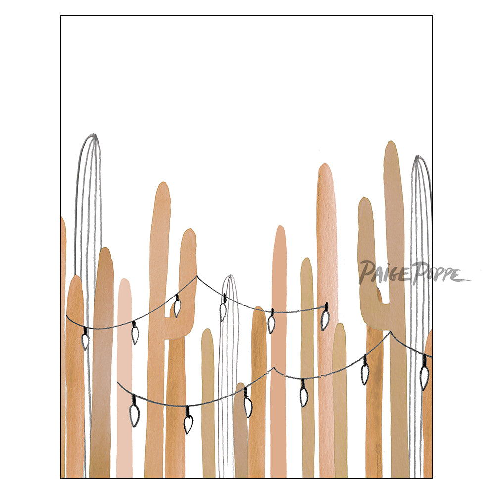 "Earthy Saguaro Lights" Vertical Holiday Art Print