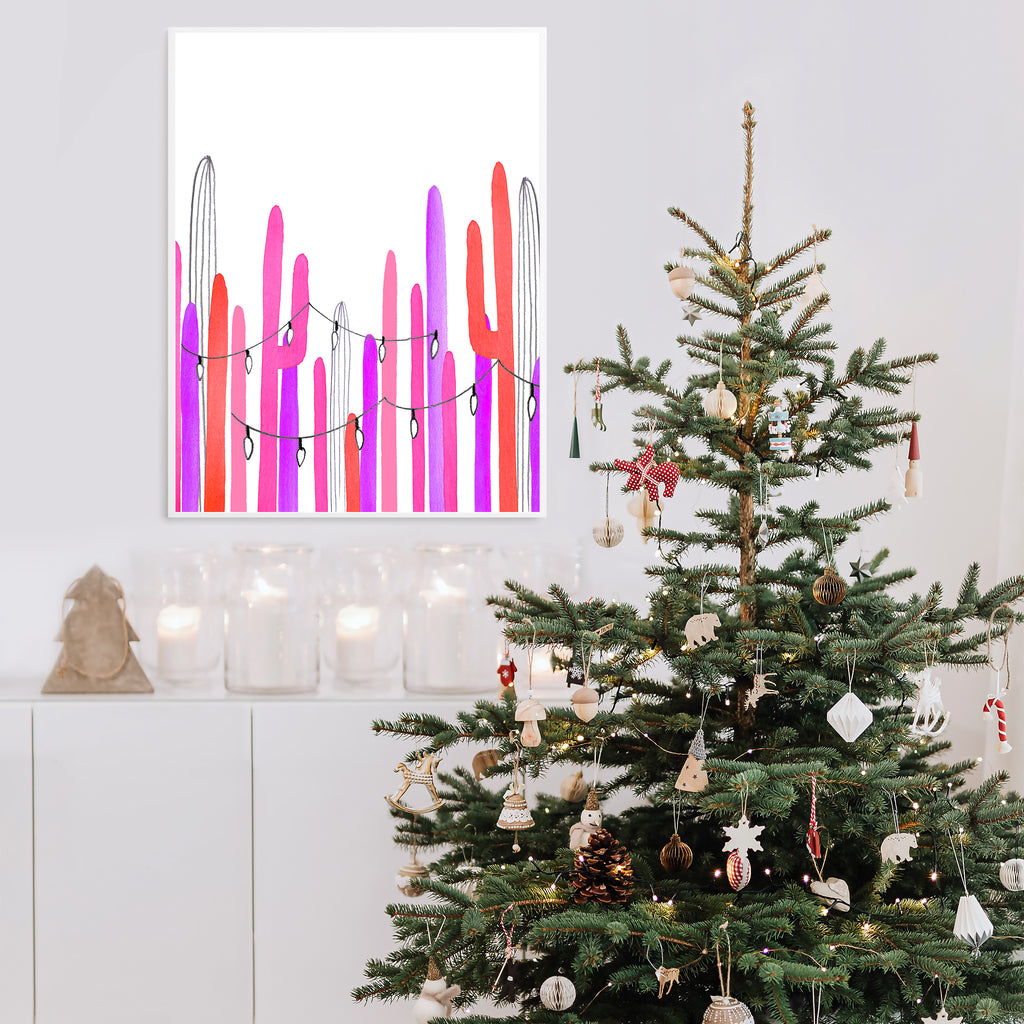 "Pink Saguaro Lights" Vertical Holiday Art Print