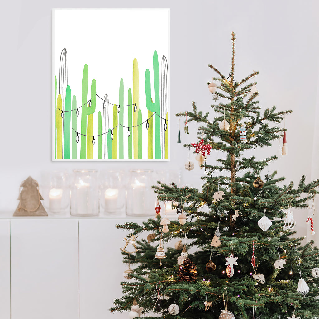 "Saguaro Lights" Vertical Holiday Art Print