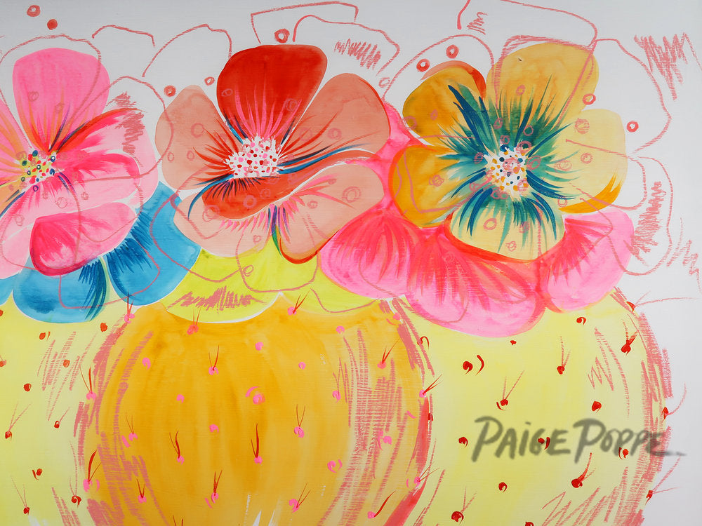 "Vibrant Barrel Blooms" Original Watercolor on Wood Panel
